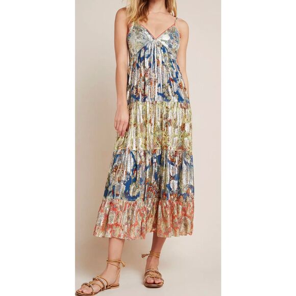 Verb by Pallavi Singhee Echo Tiered Maxi Dress in a multi-color metallic viscose - Picture 8 of 10